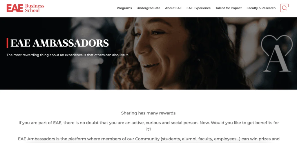 EAE business school student ambassador program landing page